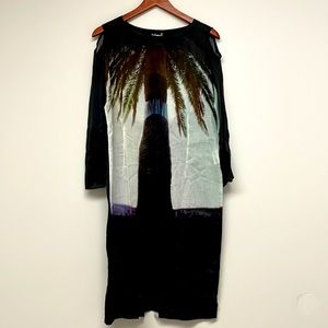 Limited Edition Anntian Black Sheer Palm Tree Exposed Shoulder Dress Size Small